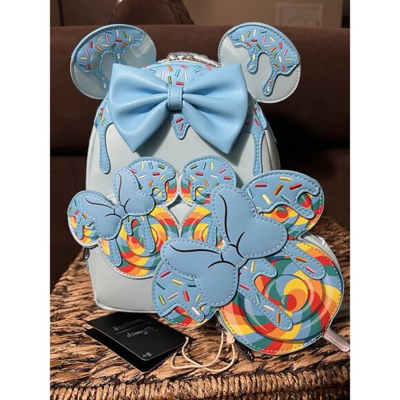 Loungefly Minnie Mouse Lollipop Blue Sprinkle Ears Mini Backpack Coin Purse - Picture 1 of 8